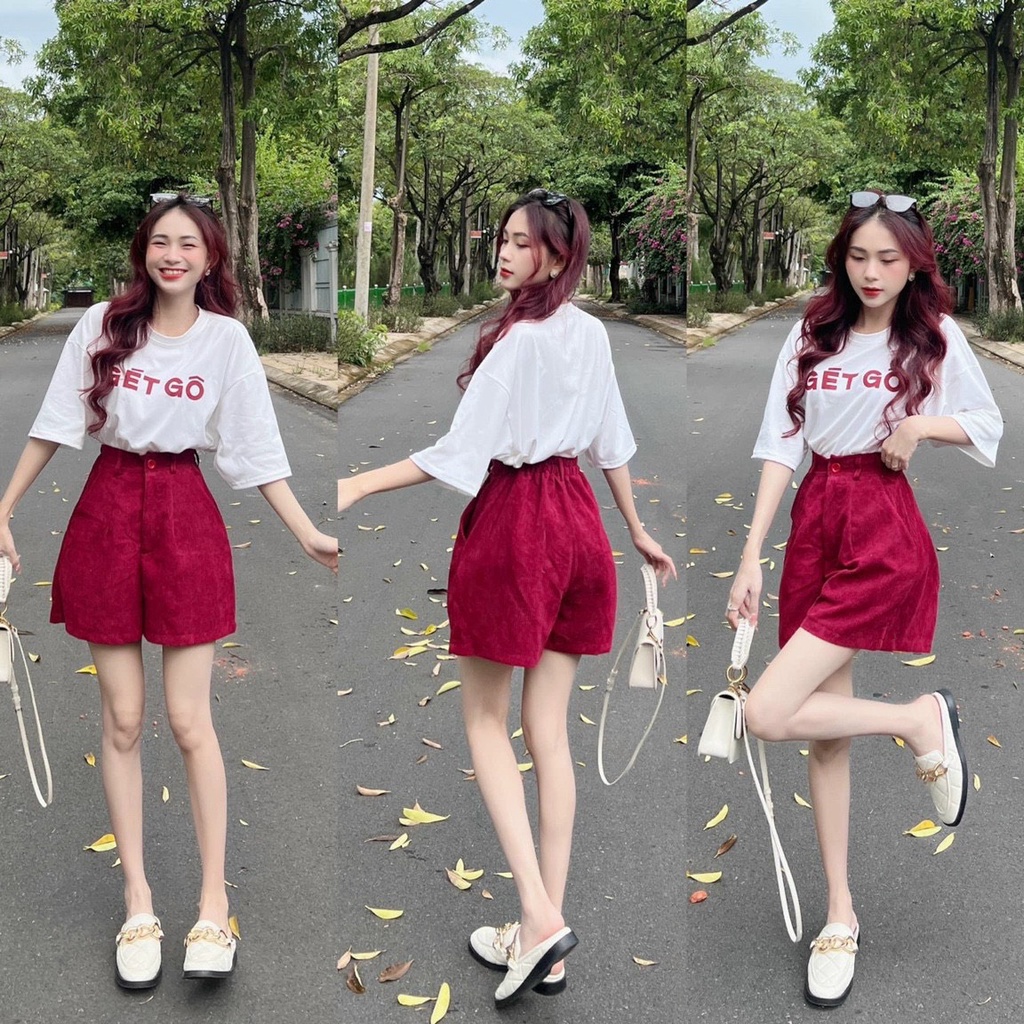 Sét bộ thời trang nữ mặc đi chơi áo cotton tay ngắn cổ tròn in chữ mix quần đùi chất tăm nhung cao cấp