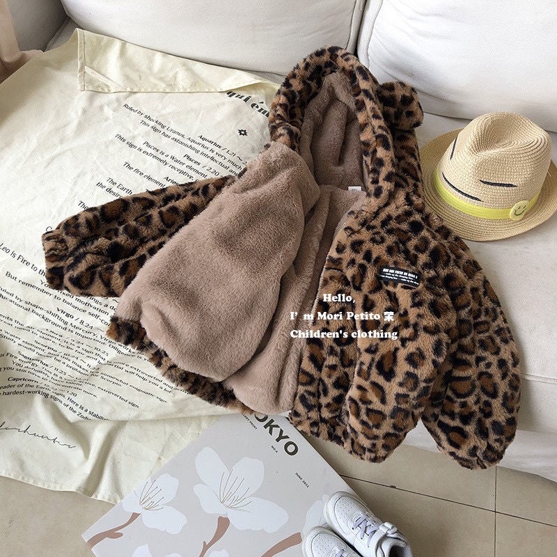 Áo Khoác Giả Lông Thú Giữ Ấm Tai Họa Tiết Da Báo Thời Trang Thu Đông Dành Cho Trẻ Em