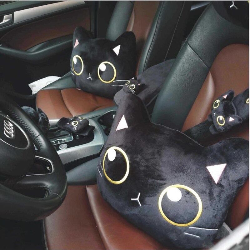 Gối Tựa Lưng Xe Ô Tô Mèo Đen Nhồi Bông Kèm Đệm Lót Tỳ Tay