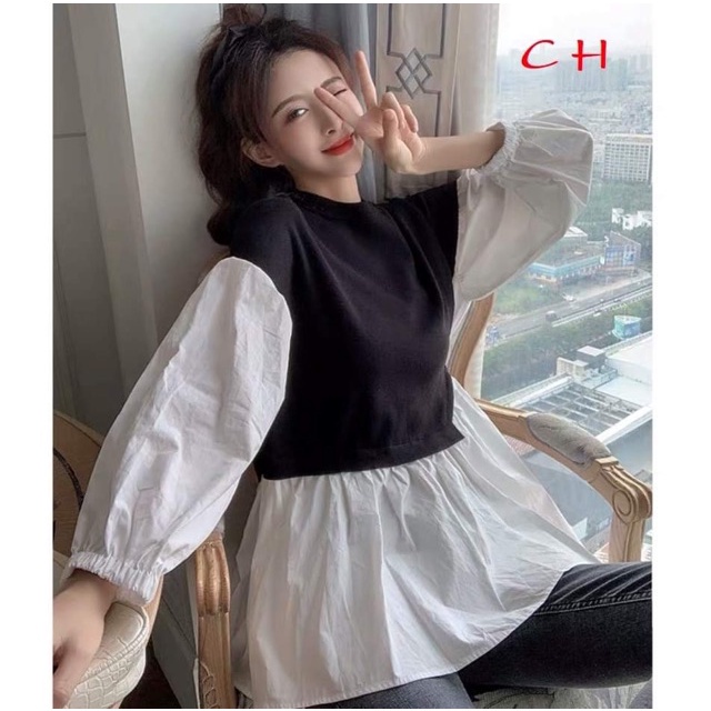 Áo Thun Gân Hàn Quốc Cổ Tròn Phối Tay Dài Von Dễ Thương TTSLA1013