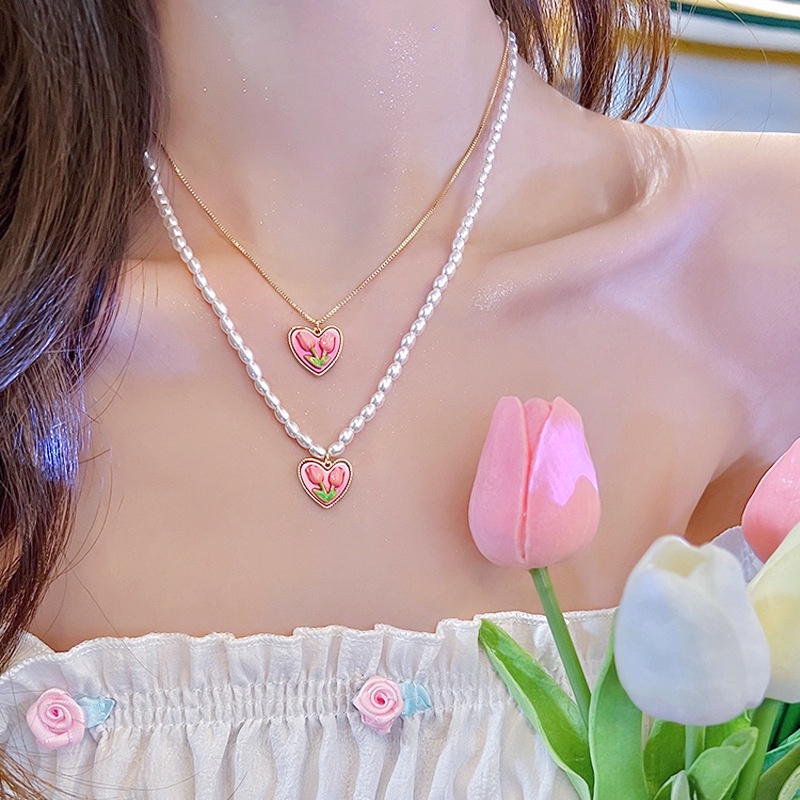 Vòng cổ Ngọc Trai Mặt Hình Trái Tim Phối Hoa Tulip Màu Trắng / Hồng Thời Trang Sang Trọng Cho Nữ