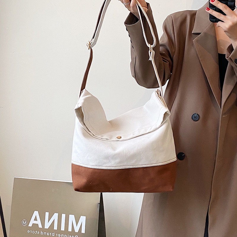 Túi Đeo Vai Bằng Vải canvas Màu Khối Sức Chứa Lớn Phong Cách Hong Kong Dành Cho Nữ