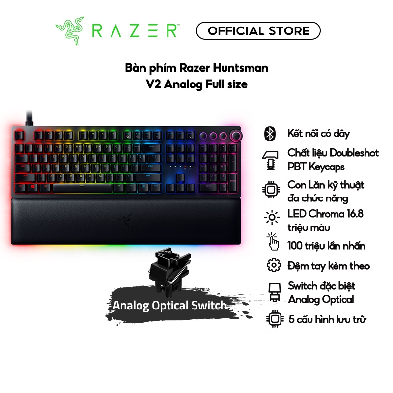 Bàn phím game cơ học có dây Razer Huntsman V2 Analog Full size kèm kê tay - Keycap PBT doubleshot Led RGB