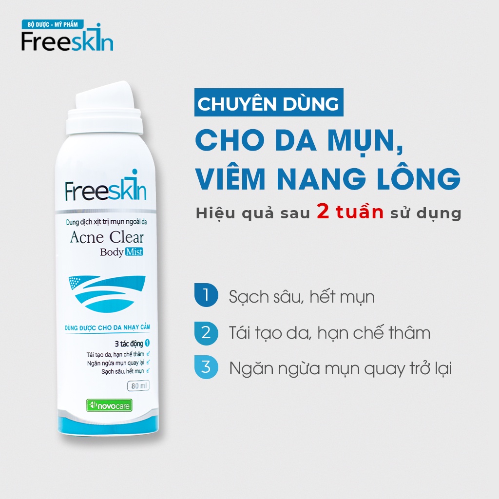 Combo 4 xịt mụn lưng, viêm nang lông, dày sừng nang lông, viêm da Novocare - Freeskin, sạch mụn, mờ thâm, sáng da 80ml