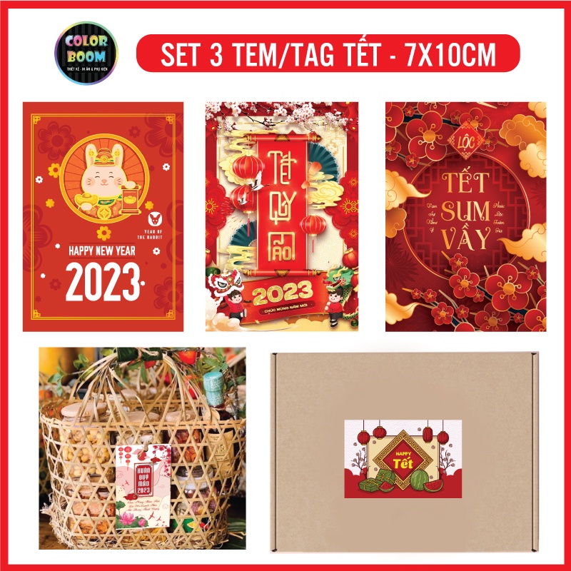 Set 3 Tem/Tag Tết - Size 7x10 - Có keo / Đục sẵn lỗ tiện lợi