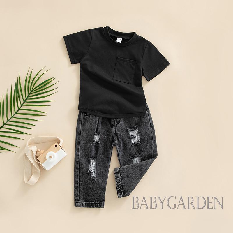 Set Đồ 2 Món Gồm Áo Thun Tay Cộc Cổ Tròn Màu Trơn + Quần Jean Rách Màu Trơn Cho Bé Trai 6 Tháng Tuổi - 3 Tuổi