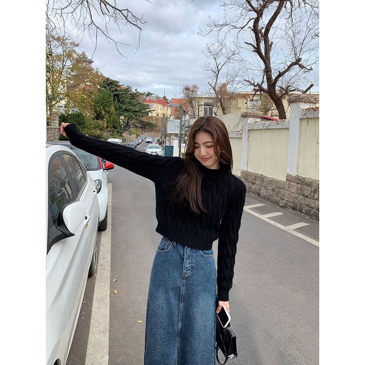 Áo Sweater Dệt Kim Dáng Ngắn Màu Xanh Dương Thời Trang Thu Đông Mới Cho Nữ