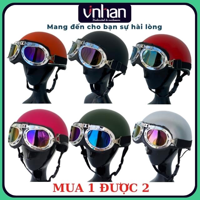 Mũ Bảo Hiểm Nửa Đầu Kính Phi Công (Tặng Vành Che Nắng) An Toàn Bảo Vệ Vùng Đầu Đi Giao Thông Màu Trơn Vinhan MBH15