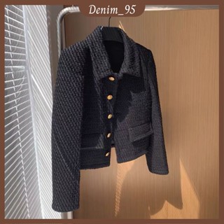  Áo khoác dạ tweed nữ màu đen sang chảnh dáng ngắn cổ bẻ cúc đồng 