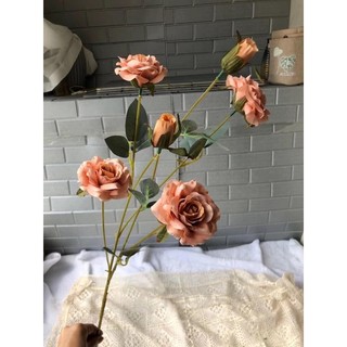 Cành Bông Hồng Kim Cương Có 4 Bông 2 Nụ Kèm Lá Lụa - Hoa Hồng Khô Giả Lọai 80cm - Hoa Lụa Mơ Bơ