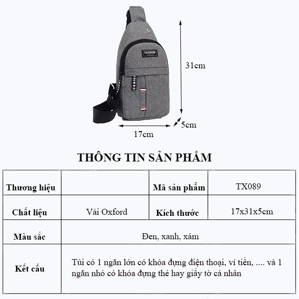 Túi Bao Tử Đeo Hông, Đeo Chéo Nam Vải Oxford Thời Trang TX089
