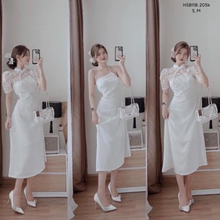  Set 2 món đầm 2 dây mảnh cut eo kèm khoác ren phong cách trung hoa CHIBEST HSB118 