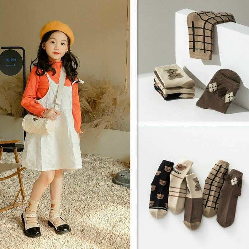 Set 3 đôi tất gấu nâu cổ cao cho bé trai, bé gái siêu cute size 1y-10y