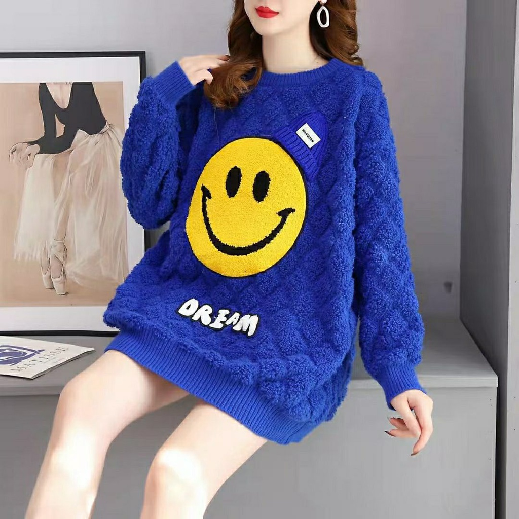 Áo Sweater Dệt Kim Thêu Hình Mặt Cười Phong Cách Hàn Quốc Thời Trang Thu Đông Hàng Mới