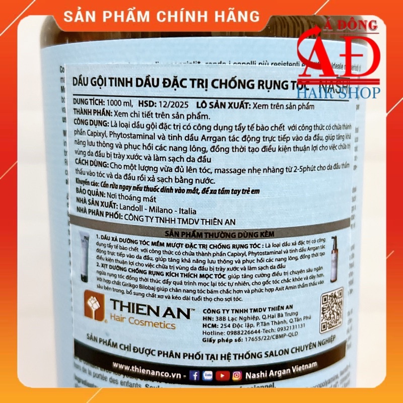 [+Tặng mũ trùm][CHÍNH HÃNG] DẦU GỘI CHỐNG RỤNG TÓC NASHI ARGAN CAPIXYL ITALY 1000ML