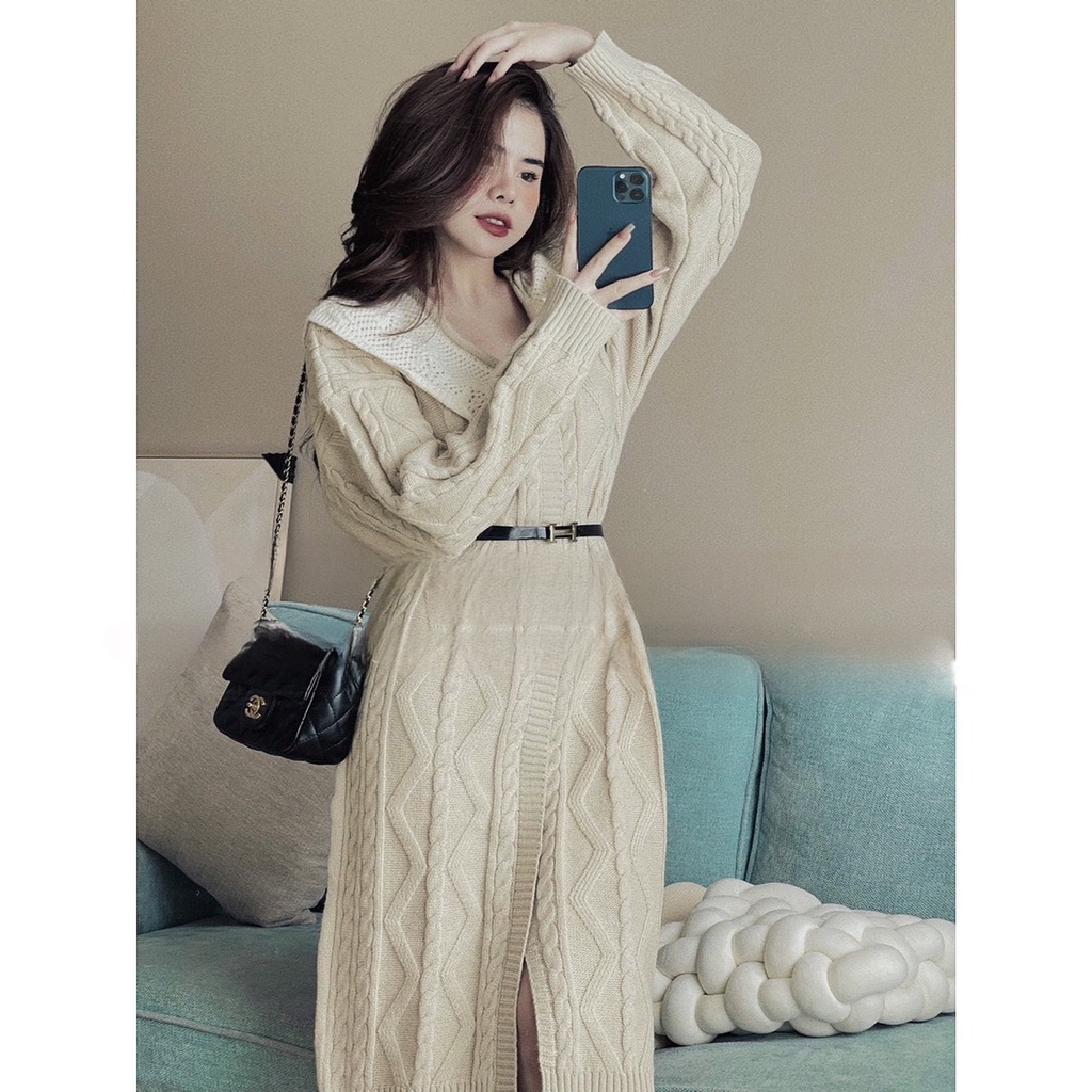 ĐẦM LEN XUÔNG CỔ REN-LEN 55