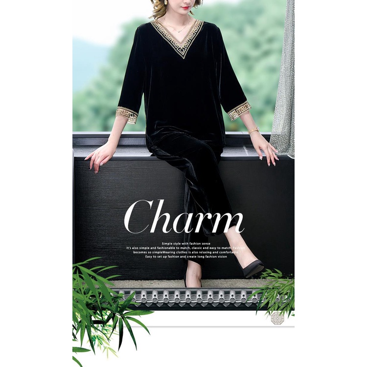 Bộ Đồ Hai Mảnh Áo Nhung Lụa Mulberry Cao Cấp Phong Cách Phương Tây Sang Trọng Mùa Thu Hàng Mới Dành Cho Mẹ