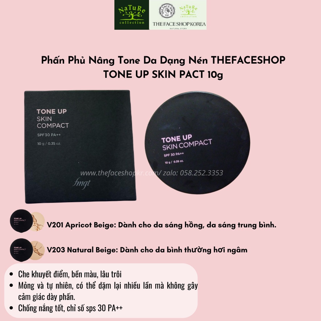 Phấn phủ che khuyết điểm nâng tông da sáng mịn tươi tắn The Face Shop Tone Up Skin Compact 10g chống nắng SPF30 PA++