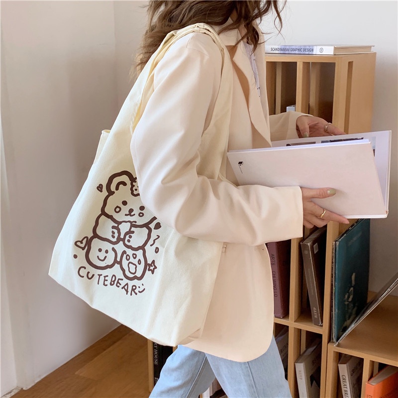 Túi Xách canvas Cỡ Lớn In Họa Tiết Hoạt Hình Chú Gấu Dễ Thương Phong Cách Nhật Bản Cho Nữ