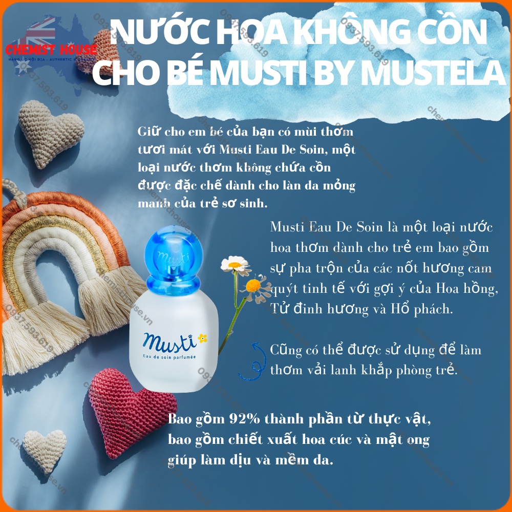 Nước hoa cho bé 100% an toàn không cồn thành phần thực vật hữu cơ chính hãng - Mustela Musti Eau de Soin Perfume 50ml