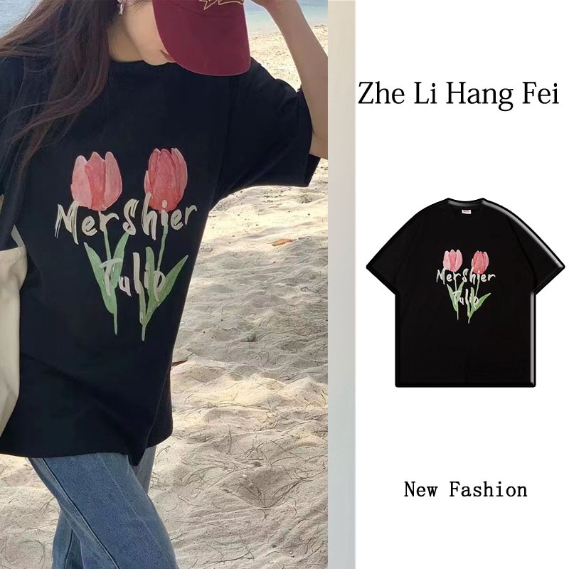 ZHELIHANGFEI Áo Thun Tay Ngắn Form Rộng Họa Tiết In Theo Phong Cách Preppy Dễ Phối Đồ