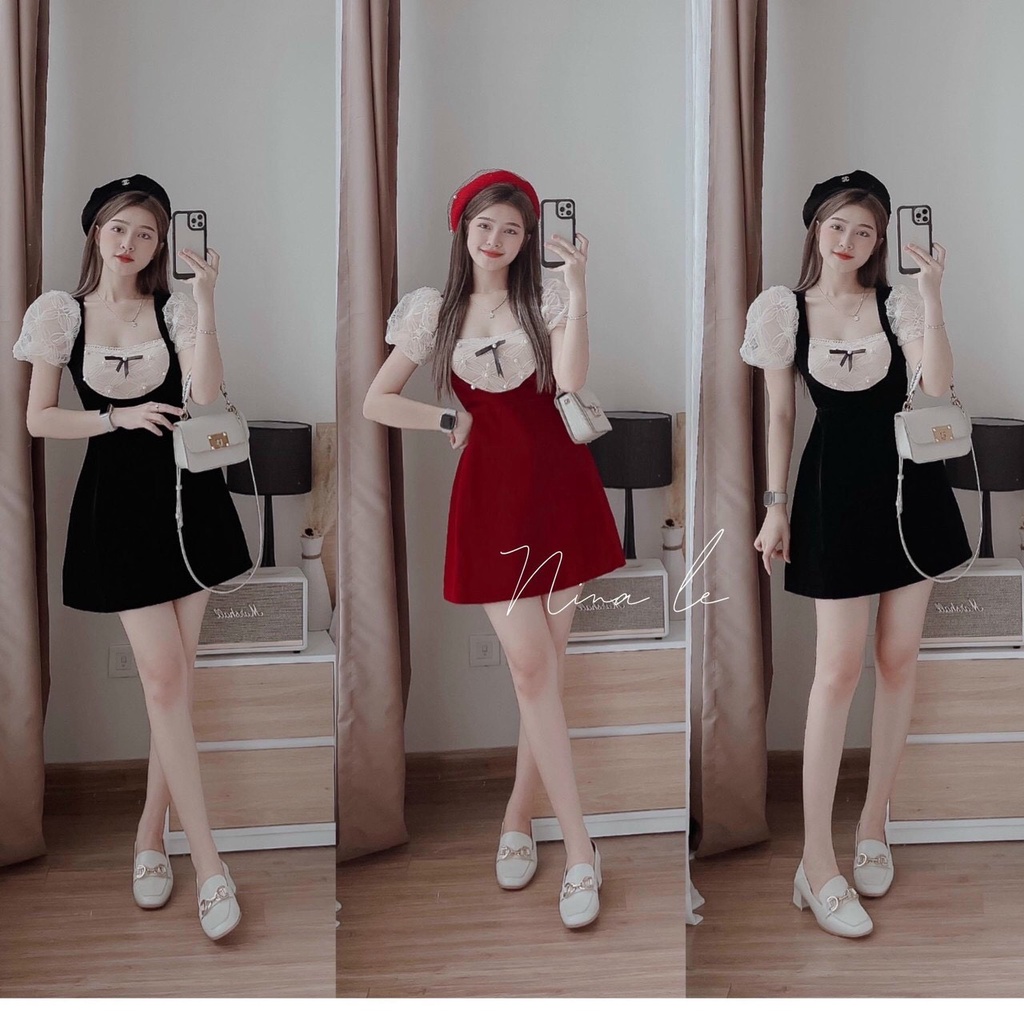 sét nhung yếm nữ bánh bèo yếm hai dây chân váy, kèm áo trễ vai, sét màu đính nơ đen, có hai màu đen đỏ