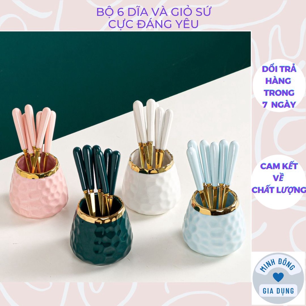 Hũ sứ kẻ vàng kèm nĩa, Combo 6 Nĩa inox hoàng kim cán sứ kèm cốc sứ đựng kẻ vàng kim cao cấp 2023