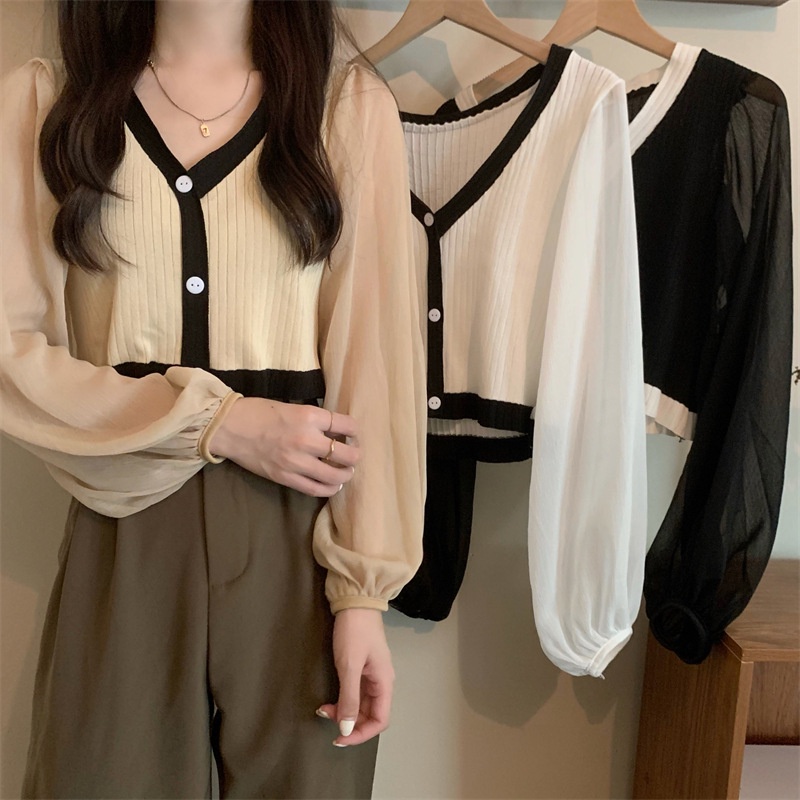 Áo Khoác Cardigan Len Dệt Kim Tay Phồng Phối Lưới Thời Trang Mùa Thu Phong Cách Hàn Quốc Mới Cho Nữ
