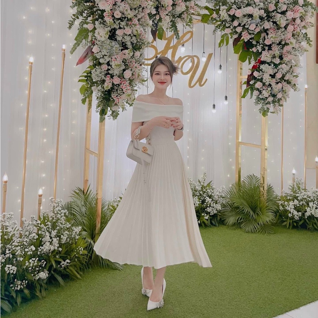 Sét váy nữ thời trang mặc đi tiệc áo gân trễ vai phối che ngực chân váy chất for maxi xếp ly xoè phong cách bánh bèo