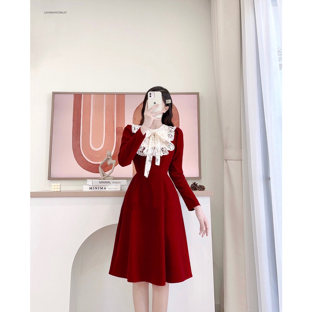 Váy nhung dài tay váy nhung cổ nơ phối ren Monaliza