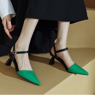 Giày Sandals cao gót 5 phân mũi nhọn phối nhiều màu hở gót có thêm bigsize 40 41 42 cho nàng ngoại cỡ - Toffly Shoes