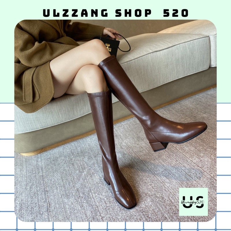 Giầy boot nữ cao cổ đế vuông da mềm hai màu nâu đen thời trang kiểu Hàn Quốc Ulzzangshop520