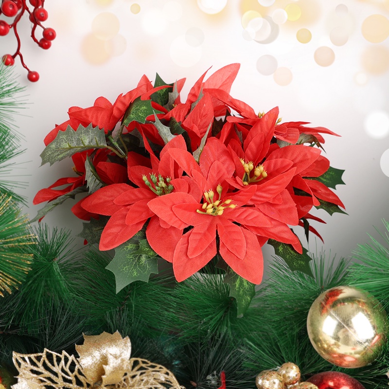 Bó Hoa Poinsettia Giả / 7 Nĩa Trang Trí Giáng Sinh Chất Lượng Cao