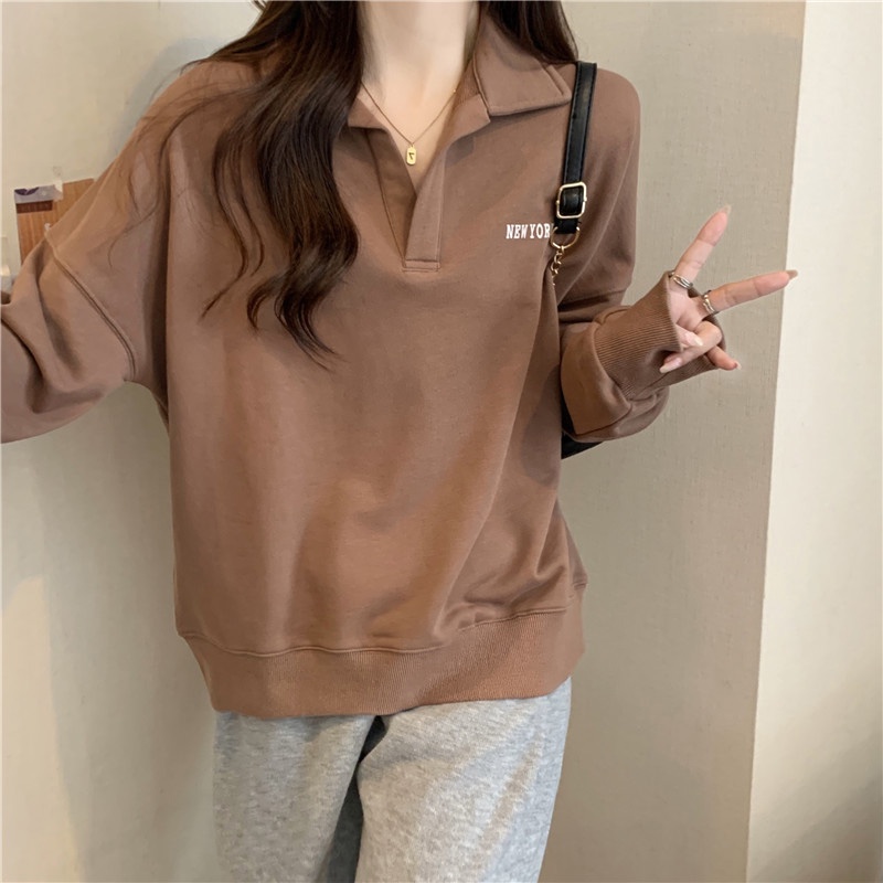 Áo sweatshirt SUXI tay dài cổ bẻ phong cách Hàn Quốc thời trang dành cho nữ