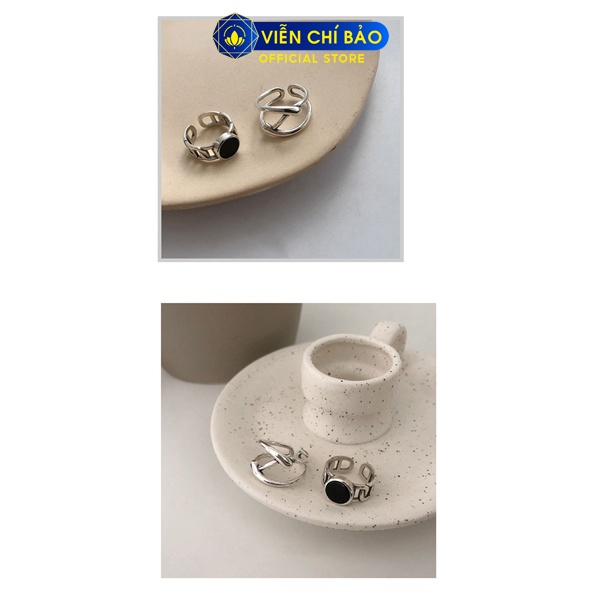 Nhẫn bạc nữ xích đá tròn đen to, xích đá chéo chất liệu bạc 925 thời trang phụ kiện trang sức Viễn Chí Bảo N000729