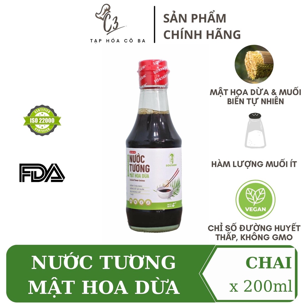 Nước tương mật hoa dừa Sokfarm không từ đậu nành phù hợp cho người dị ứng đậu nành, hàm lượng muối ít hơn 65%