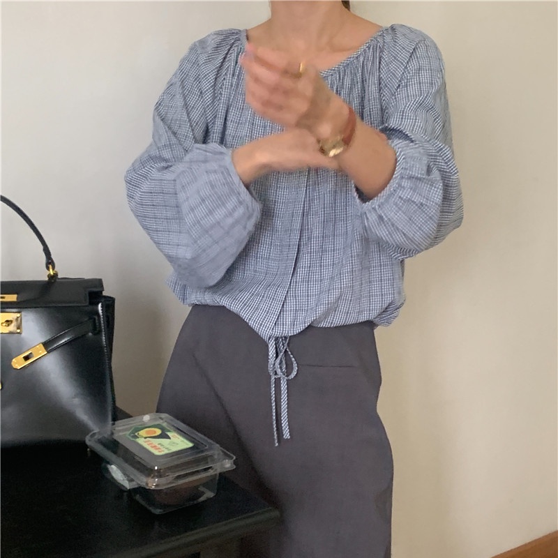 SUXI Áo Kiểu Tay Dài Cổ Tròn Dáng Rộng Kẻ Sọc Phối Dây Rút Thời Trang Hàn Quốc Cho Nữ