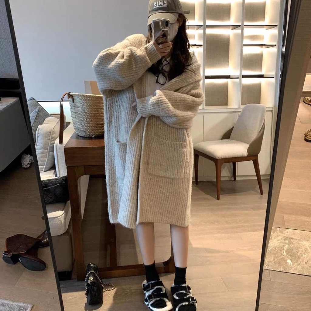 Ohlababy Áo Khoác Cardigan Dáng Rộng Dài Ngang Gối Có Mũ Trùm Dày Dặn Thời Trang Mùa Thu Cho Nữ