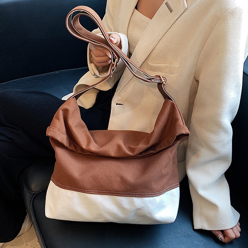 Túi Đeo Vai Bằng Vải canvas Màu Khối Sức Chứa Lớn Phong Cách Hong Kong Dành Cho Nữ