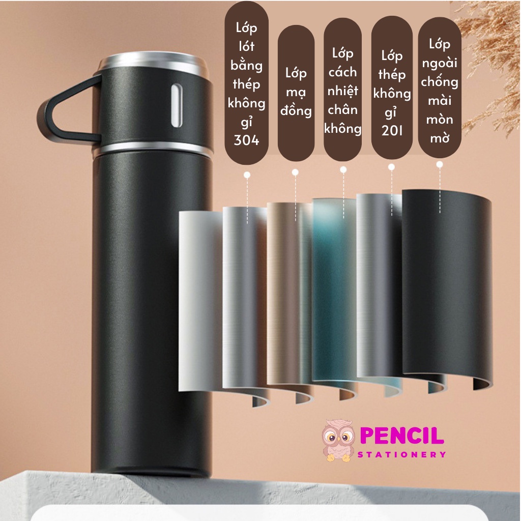 Bình Giữ Nhiệt Tặng Kèm 2 Cốc Fullbox 500ml  Lõi INOX 304 Cao Cấp, Cốc Giữ Nhiệt 12h Làm Quà Tặng Dùng Được Quanh Năm