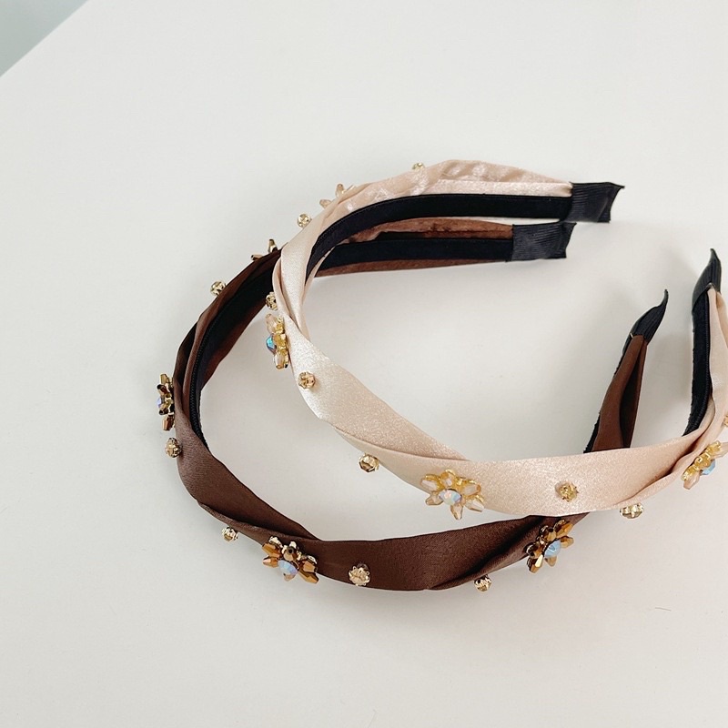 Băng đô Hàn Quốc Vải Satin Đính Hoa Đá Màu Vintage Thu Đông