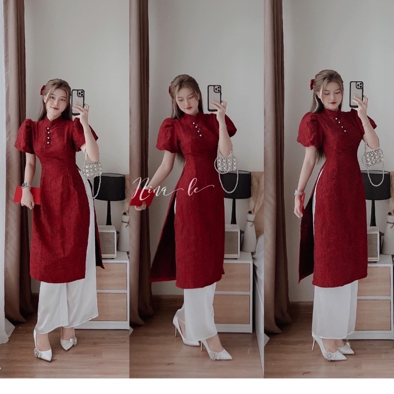 (SHOP TÁO ĐỎ BIGSIZE 50KG ĐẾN 90KG ) set áo dài gấm cách tân tay phồng diện tết cực đẹp