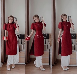 Set áo dài gấm cách tân tay phồng diện tết cực đẹp