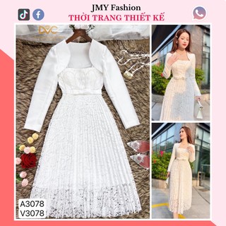 V3078, A3078 váy trắng 2 dây [kèm video SP] áo khoác tafta croptop dài tay, váy ren trắng dập ly dáng dài - DVC &ACC