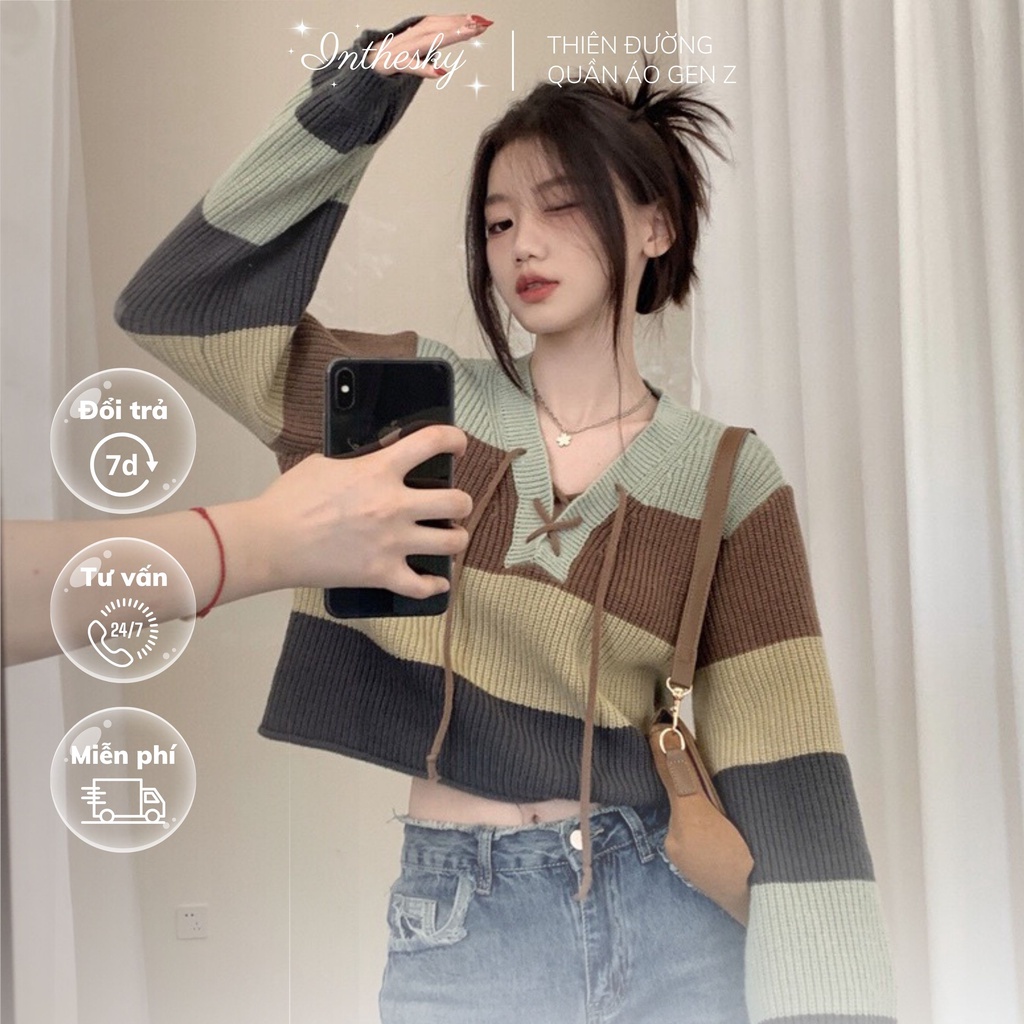 ÁO LEN SWEATER CROPTOP HÀN QUỐC KẺ SỌC 4 MÀU CƠ BẢN DÁNG RỘNG