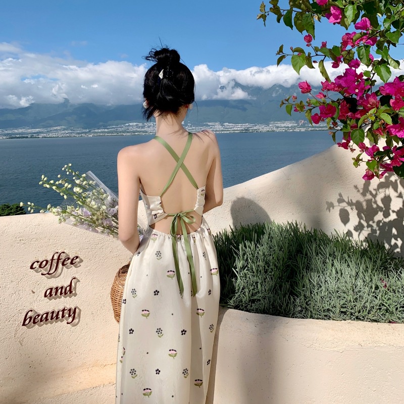 Đầm sling dress đi biển hở lưng kiểu cách mới cho kỳ nghỉ mùa hè mát mẻ trắng kem size S/M/L chỉ có tại LUXIEU GARDEN🌸