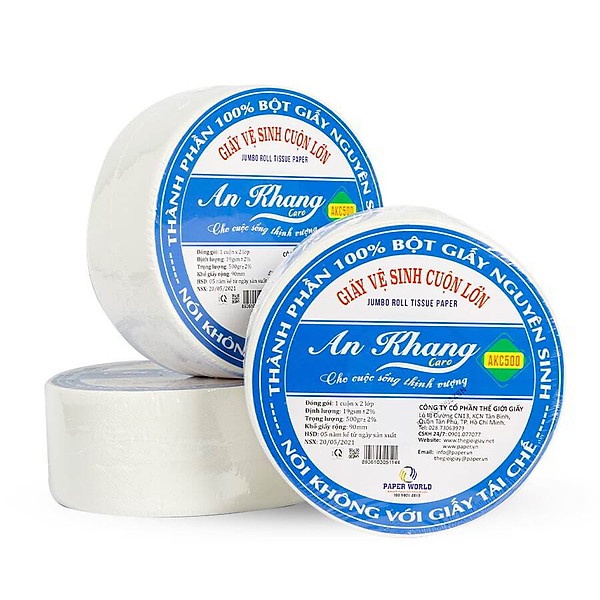 Combo 3 cuộn Giấy vệ sinh cuộn lớn 2 lớp AN KHANG AKC500 | Thế Giới Giấy | 100% bột giấy nguyên sinh