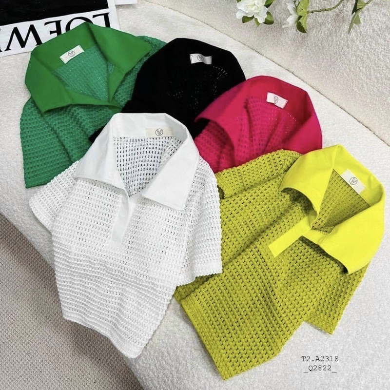 Áo croptop len lưới, Áo polo nữ len lưới(Có video và hình thật)