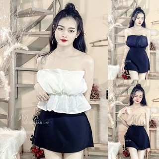 Set áo cúp xếp ly nhún phối chân váy xẻ