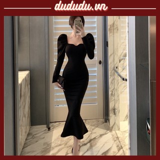 Đầm đuôi cá tay dài, cổ vuông, màu đen sang trọng, quyến rũ, thu hút, váy thời trang cao cấp dành cho nữ